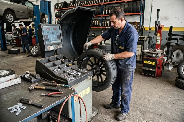Profissional fazendo balanceamento de rodas em uma borracharia em Sumaré.
